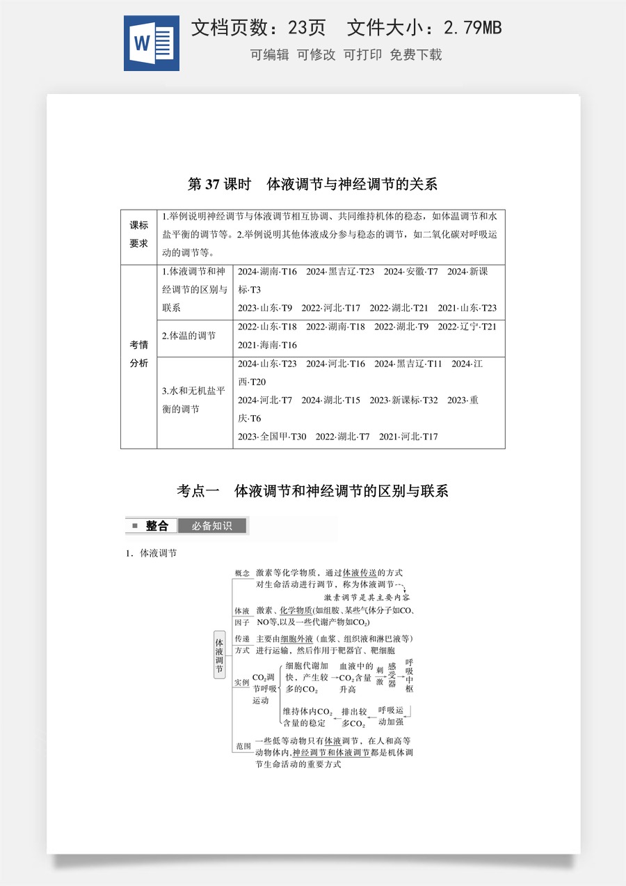 高中-高考总复习-生物-第八单元　第37课时　体液调节与神经调节的关系.docx